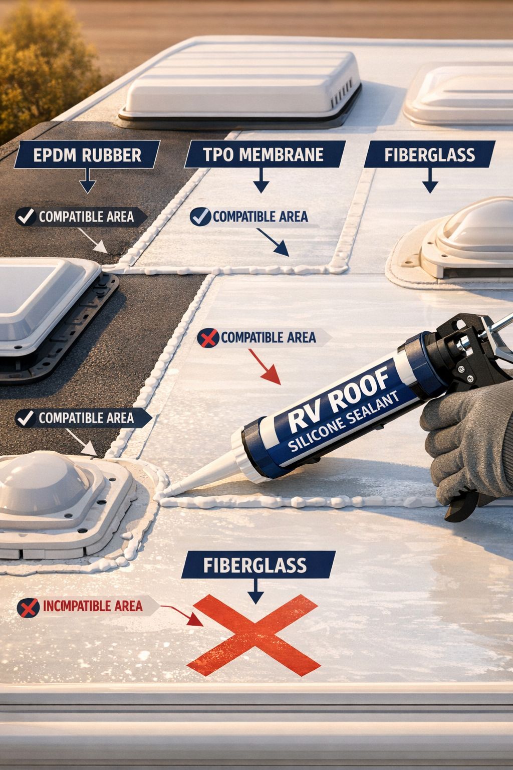 Portrait/Pinterest format () detailed illustration showing a close-up overhead view of an RV roof surface with multiple roof