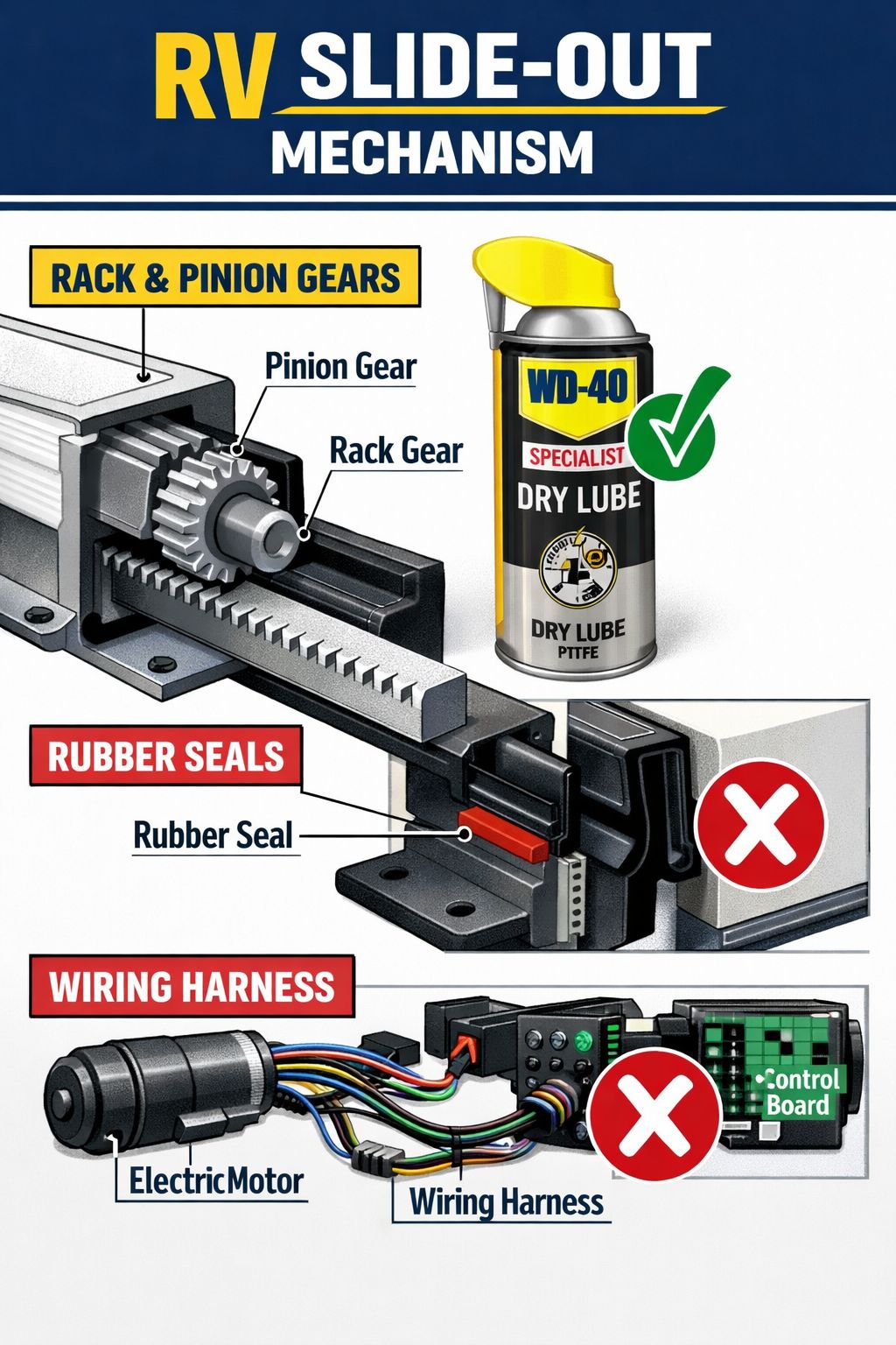 Portrait/Pinterest format () detailed infographic-style illustration showing a cross-section diagram of an RV slide-out