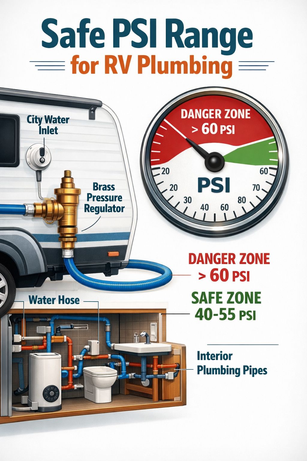 Portrait/Pinterest format () detailed infographic-style illustration showing a cross-section diagram of an RV water system