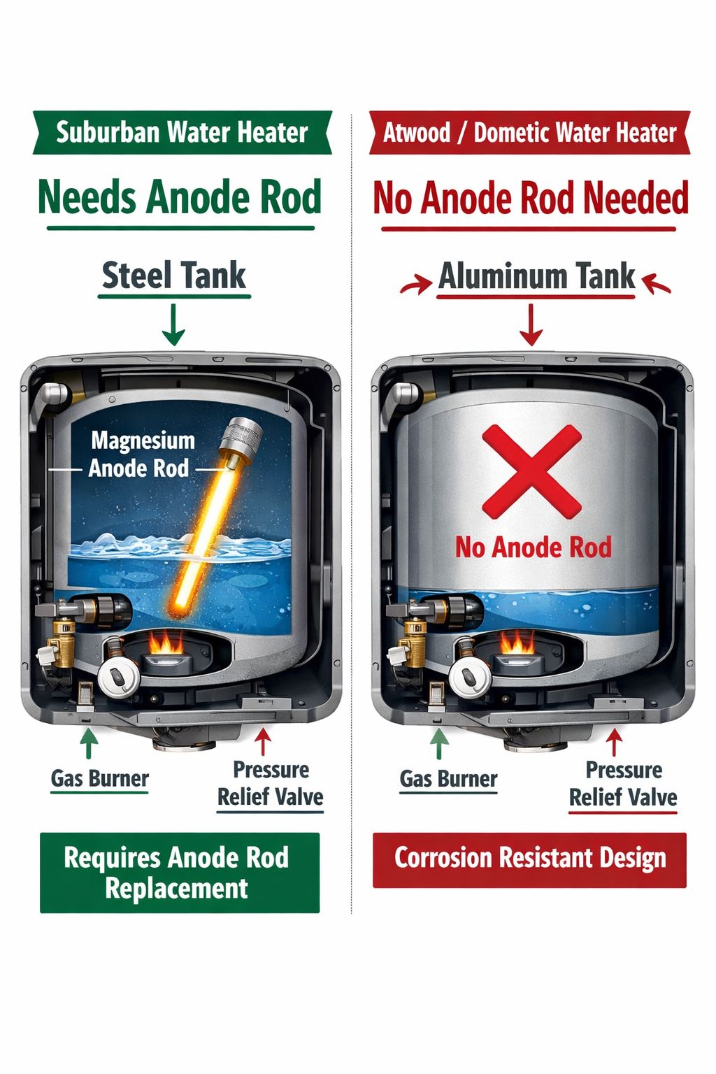 Portrait/Pinterest format () detailed infographic-style illustration showing a side-by-side comparison of two RV water