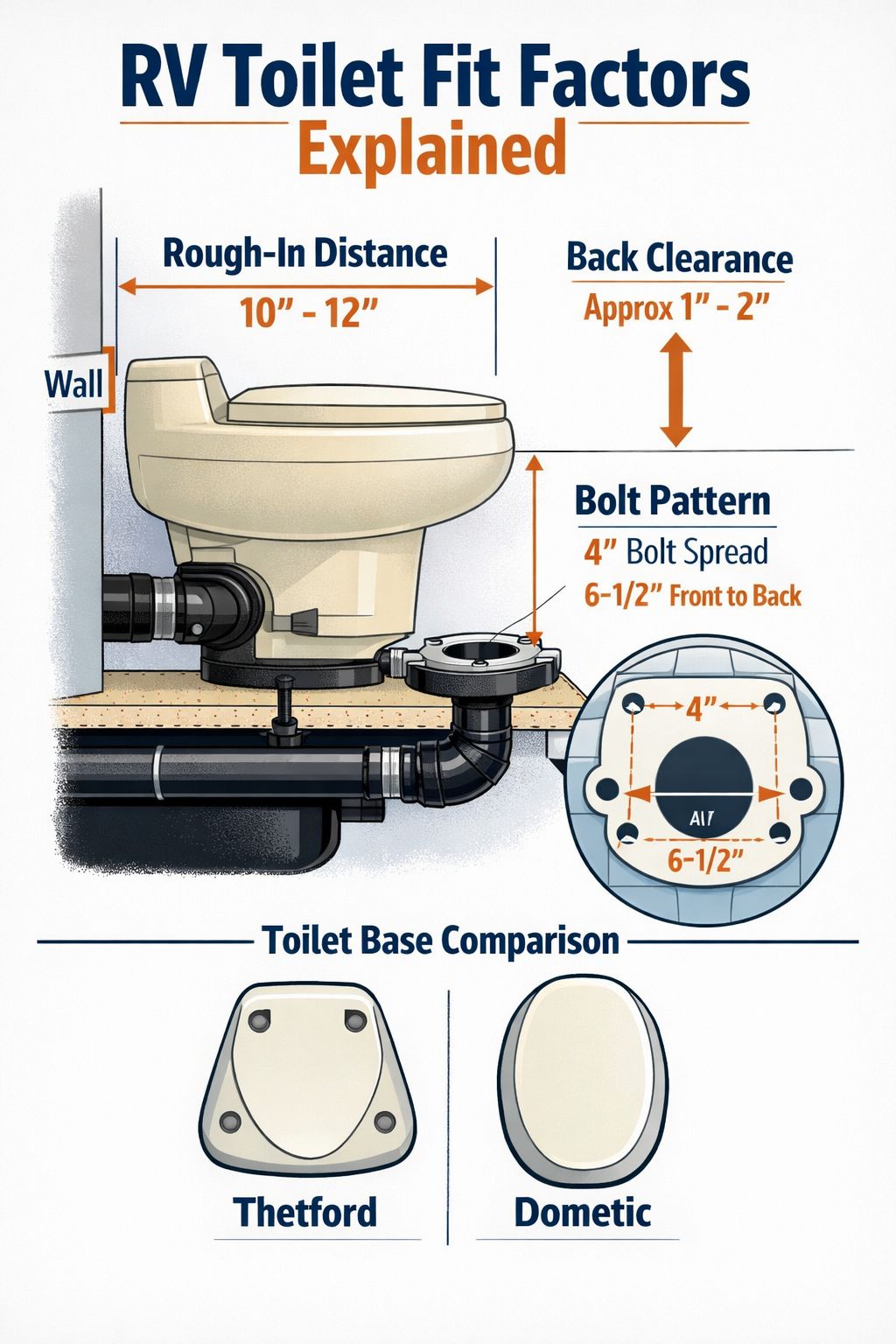 Portrait/Pinterest format () detailed infographic-style illustration showing a side-view technical diagram of an RV toilet