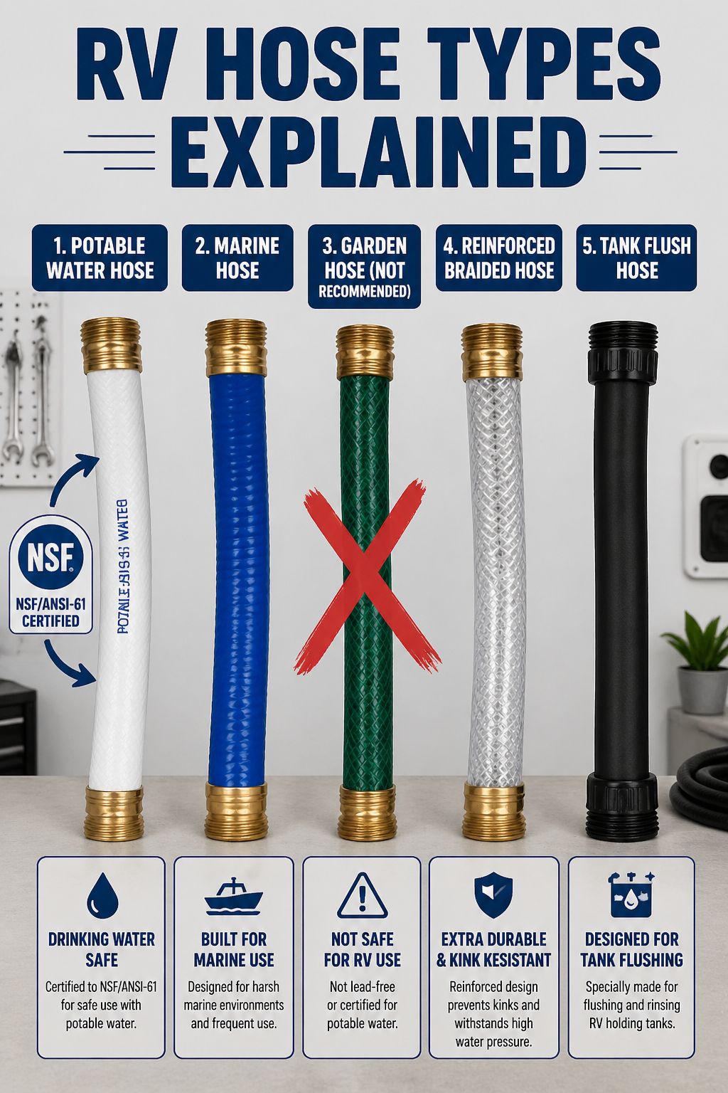 Portrait/Pinterest format () detailed infographic-style illustration showing five distinct RV water hose types side by side:
