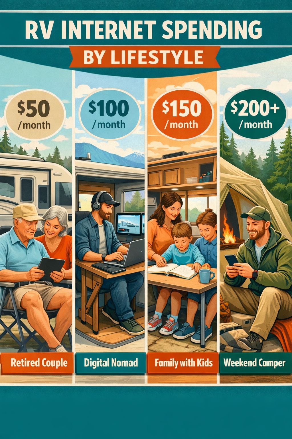 Portrait/Pinterest format () detailed infographic-style illustration showing four RV lifestyle types side by side: a retired