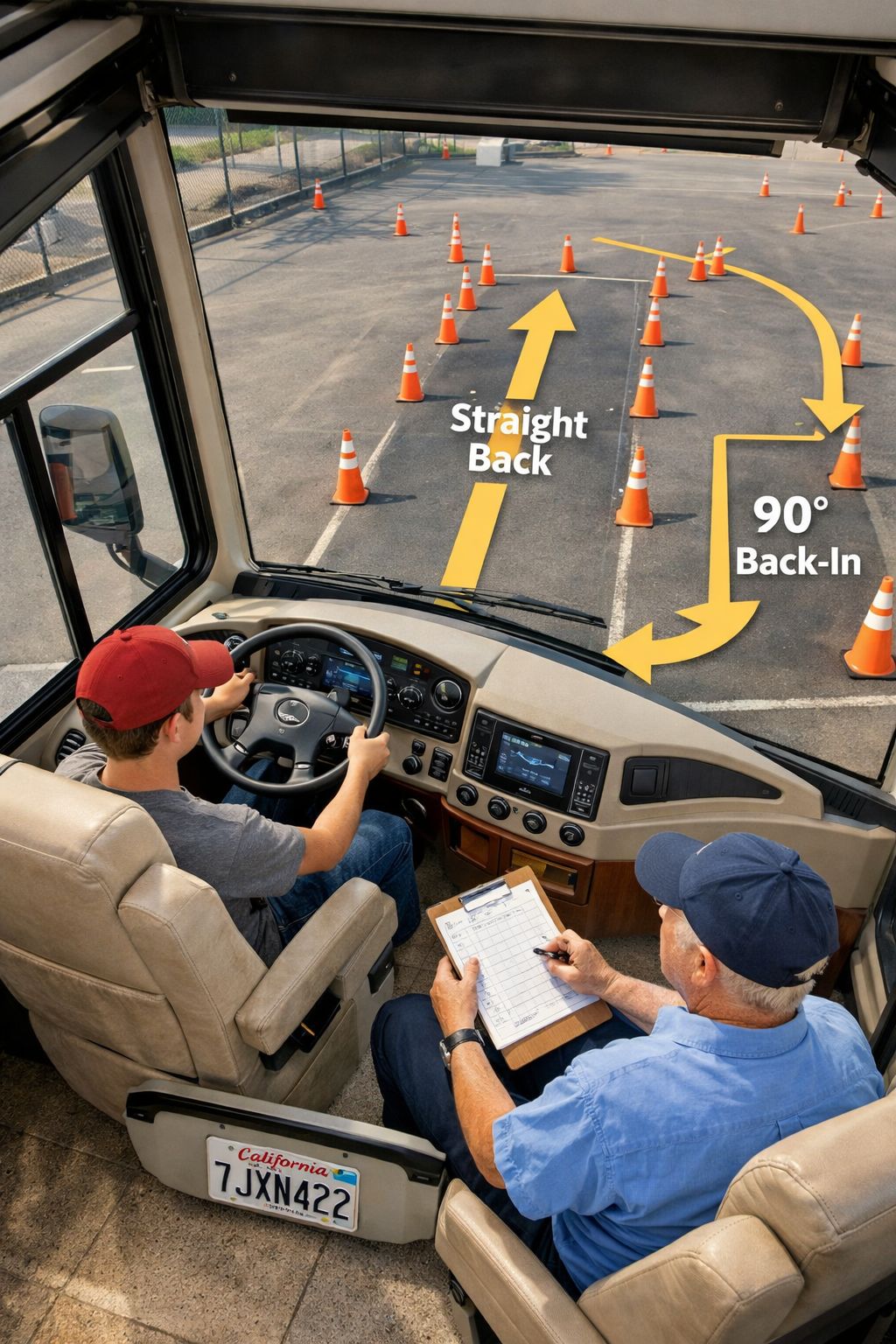 Portrait/Pinterest format () detailed scene showing an RV student driver behind the wheel of a large Class A motorhome in a