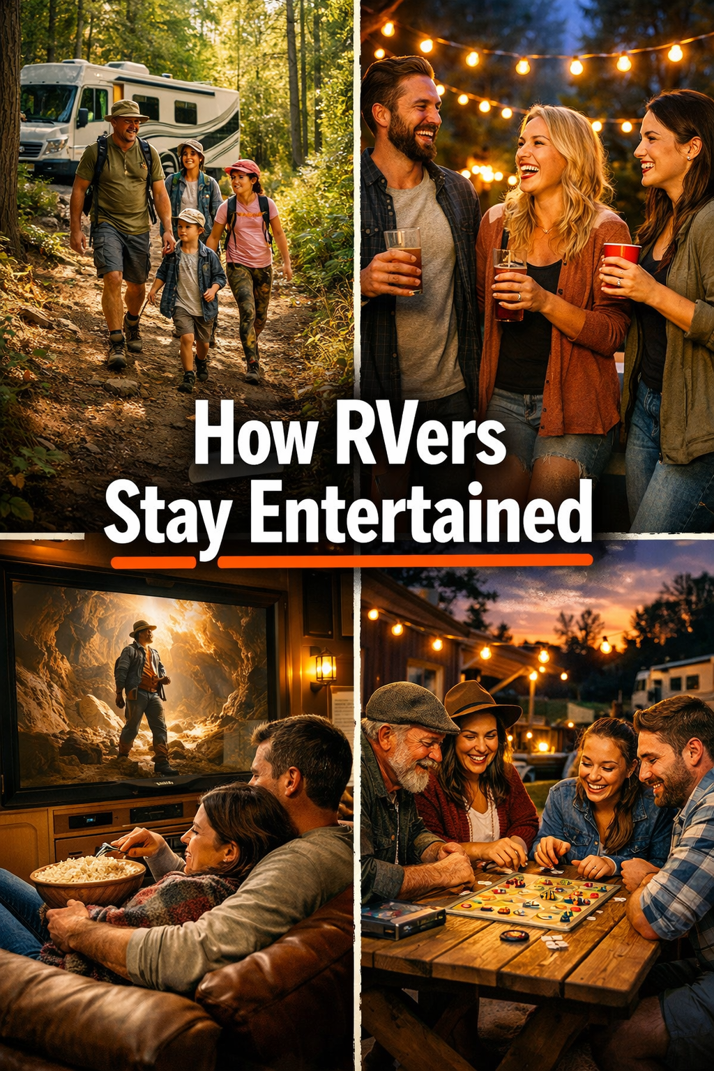 Portrait/Pinterest format () dynamic split-scene image showing four distinct RV lifestyle activities arranged in a grid