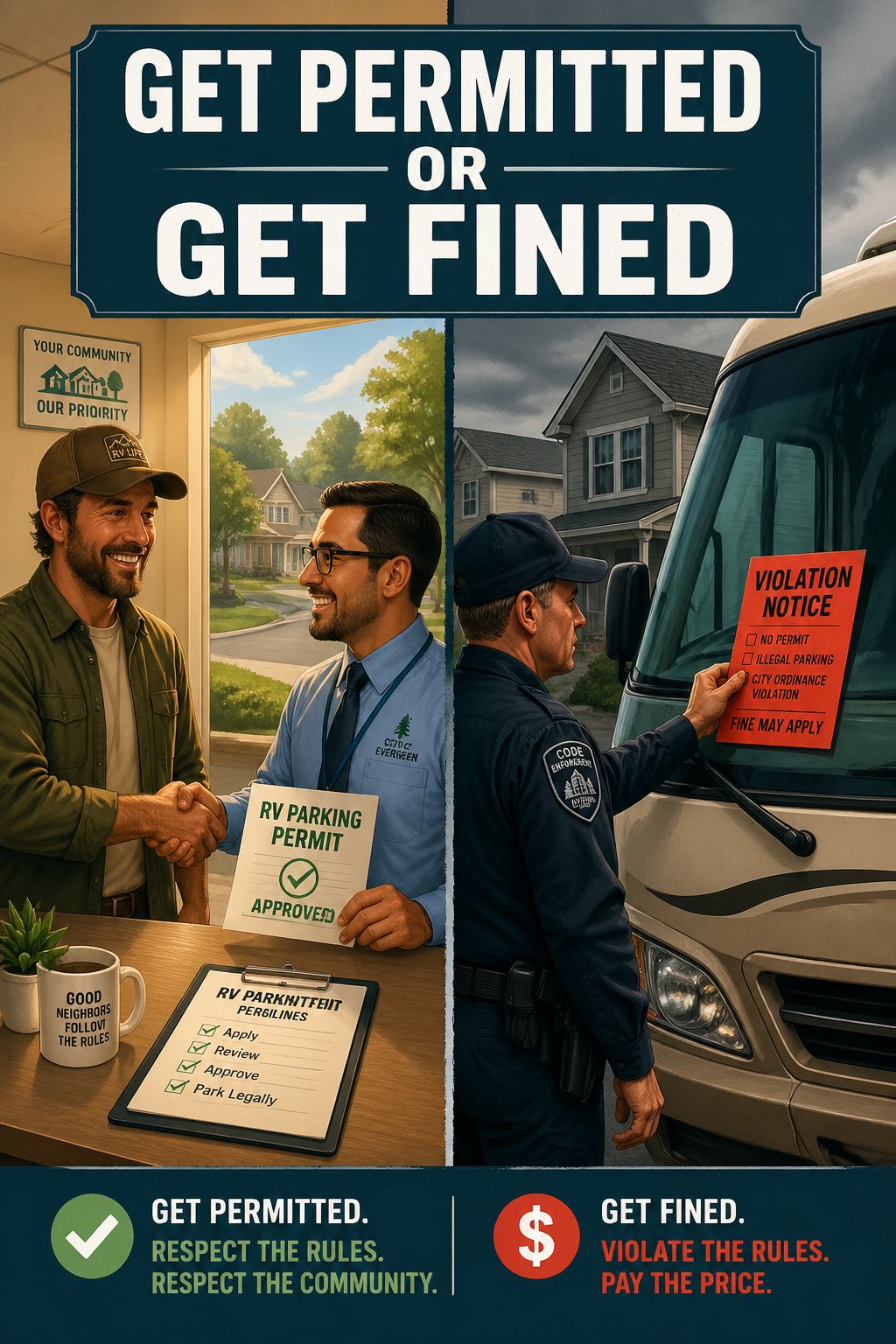 Portrait/Pinterest format () editorial illustration showing a side-by-side comparison scene: on the left, a happy RV owner
