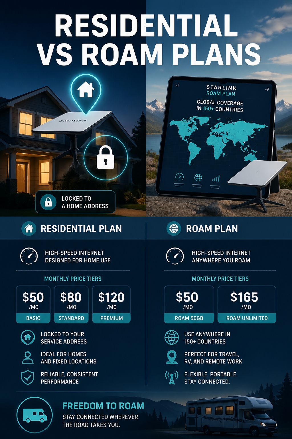 Portrait/Pinterest format () editorial illustration showing a split-scene comparison: left side depicts a Starlink dish