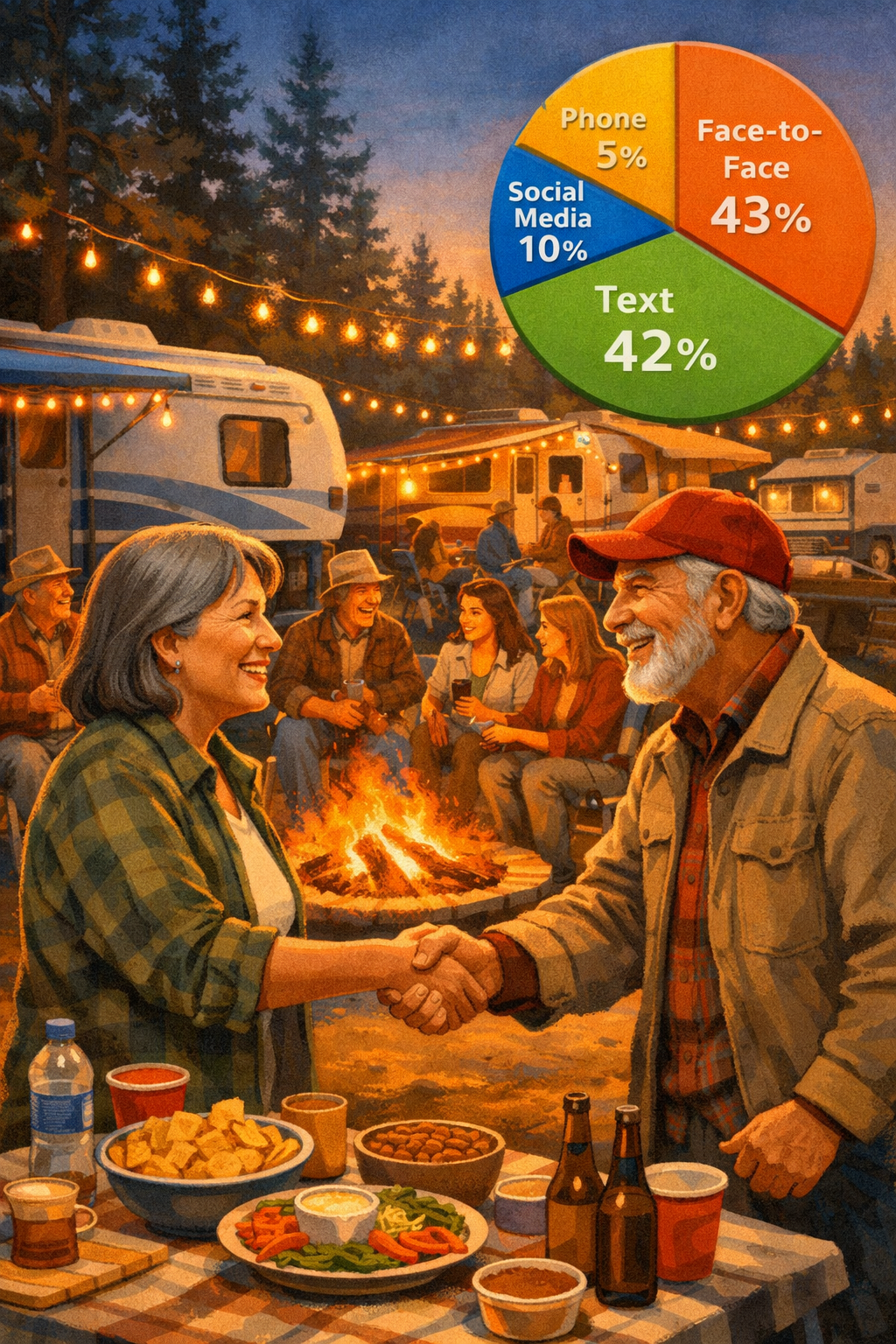 Portrait/Pinterest format () editorial illustration showing a vibrant RV campground social scene at dusk, multiple RVers of