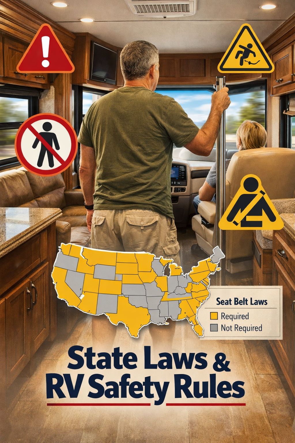 Portrait/Pinterest format () editorial illustration showing the interior of a moving Class A motorhome with a passenger