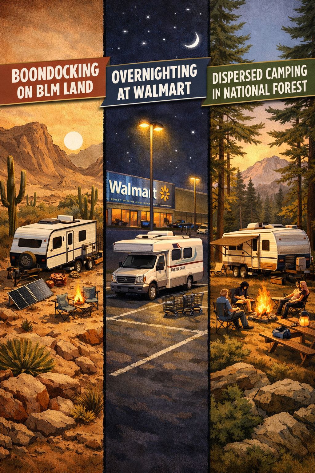 Portrait/Pinterest format () editorial illustration showing three distinct RV camping scenarios side-by-side: a rugged
