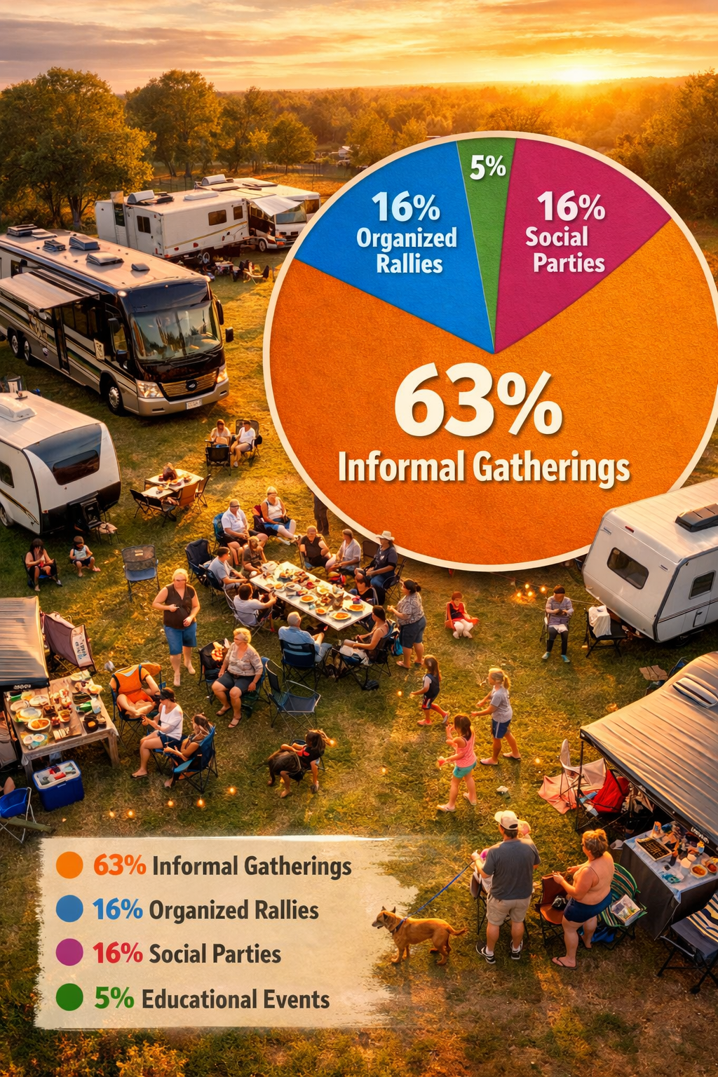 Portrait/Pinterest format () editorial image showing a lively informal RV gathering at a scenic campsite, aerial bird's-eye