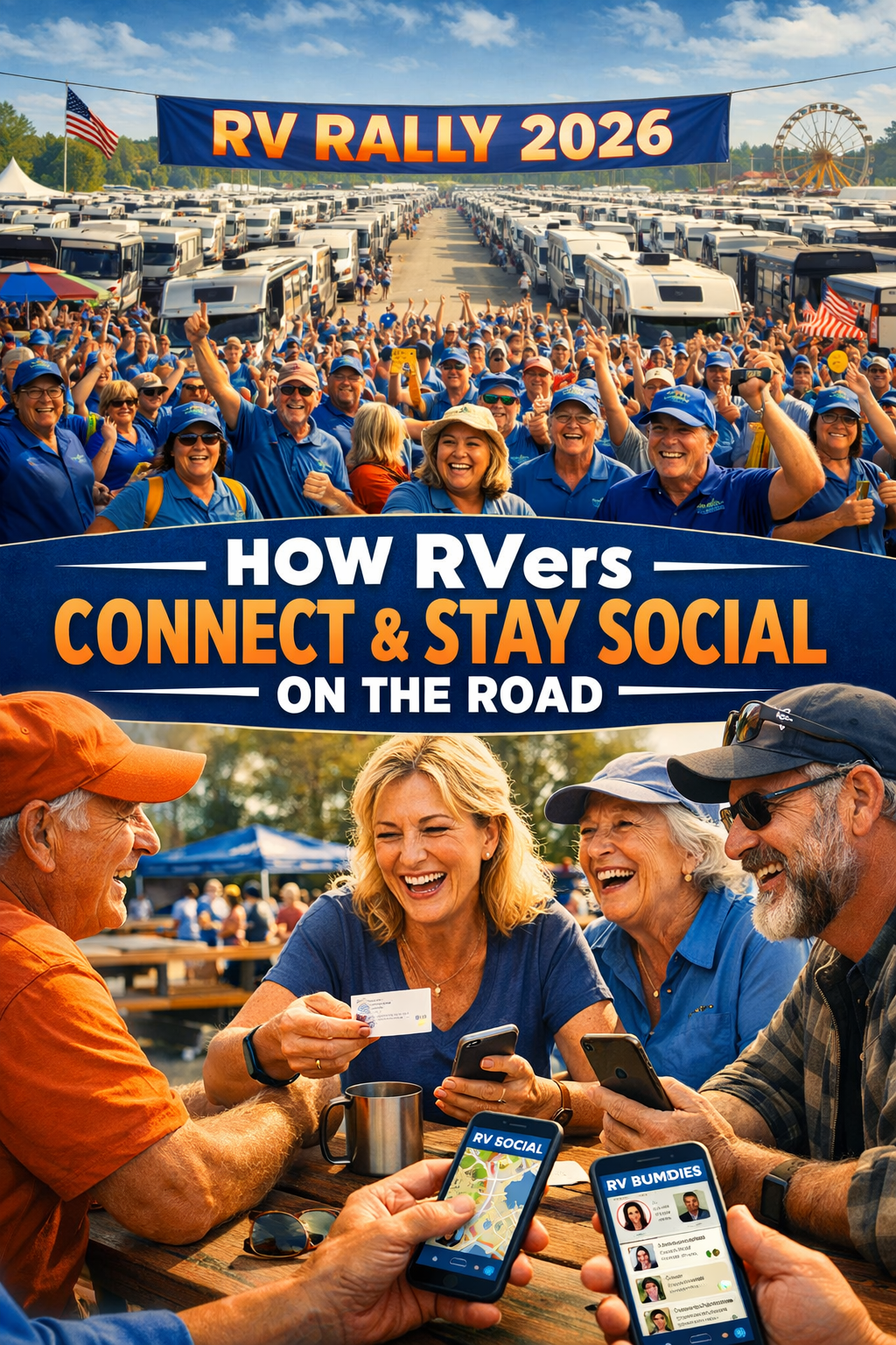 Portrait/Pinterest format () editorial image showing a split-scene composition: top half features a large organized RV rally