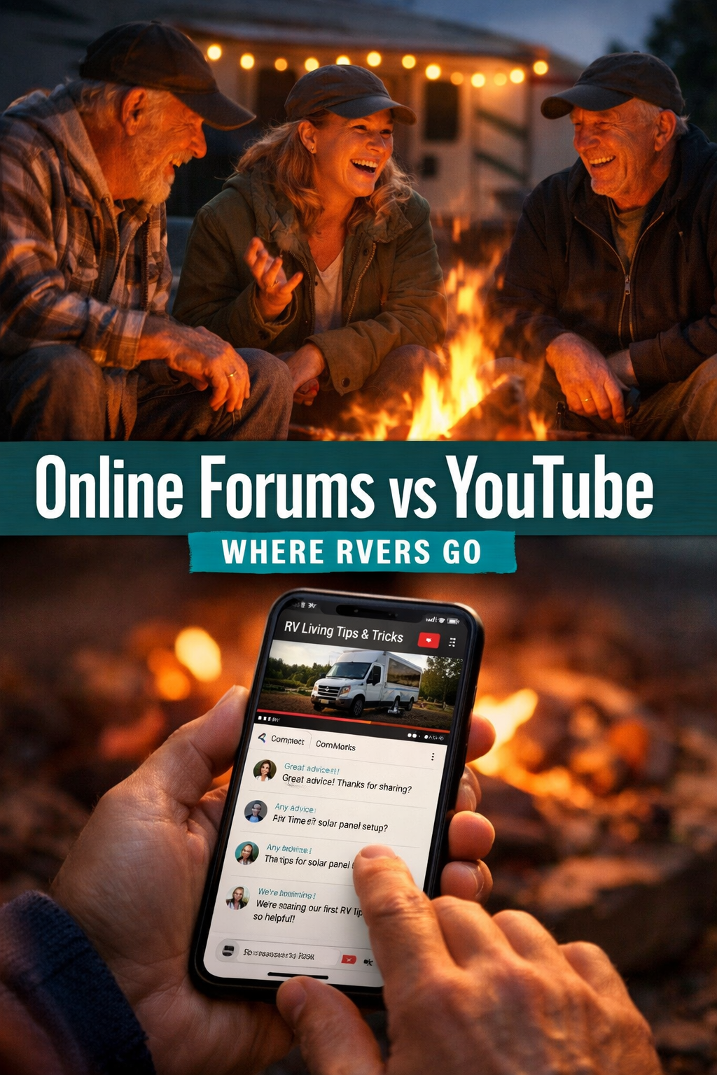 Portrait/Pinterest format () editorial image showing a split-screen vertical composition: top half features a person at a