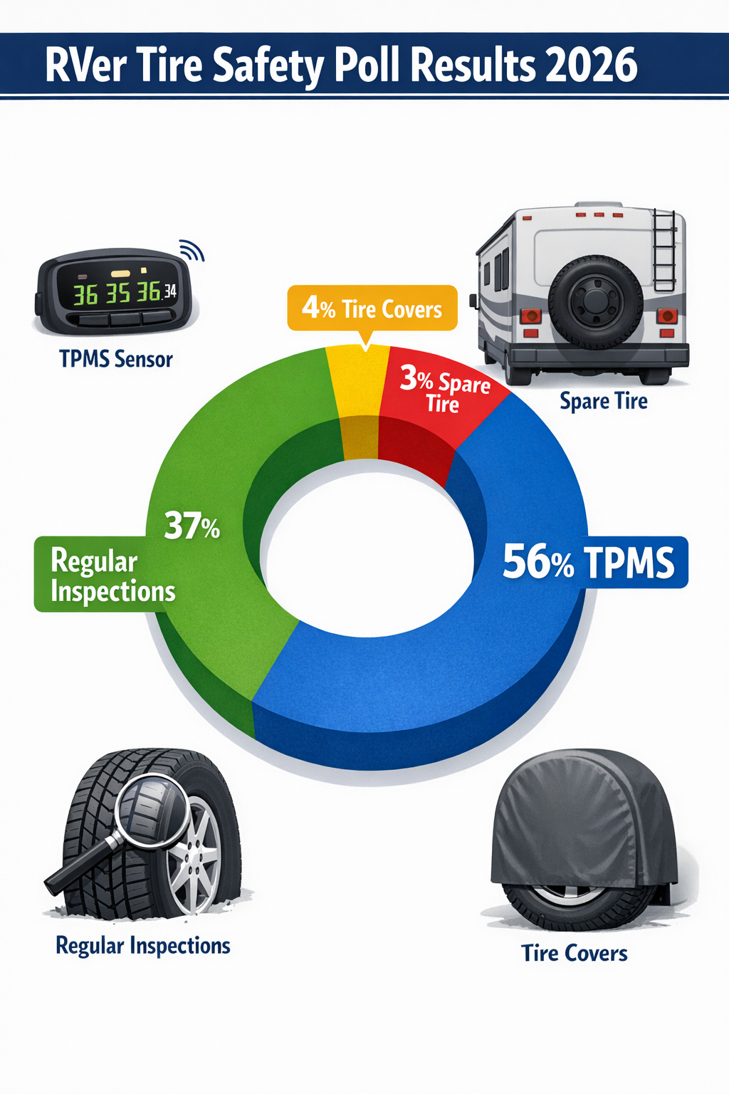 Portrait/Pinterest format () editorial infographic showing poll results breakdown for RV tire safety preferences. Central
