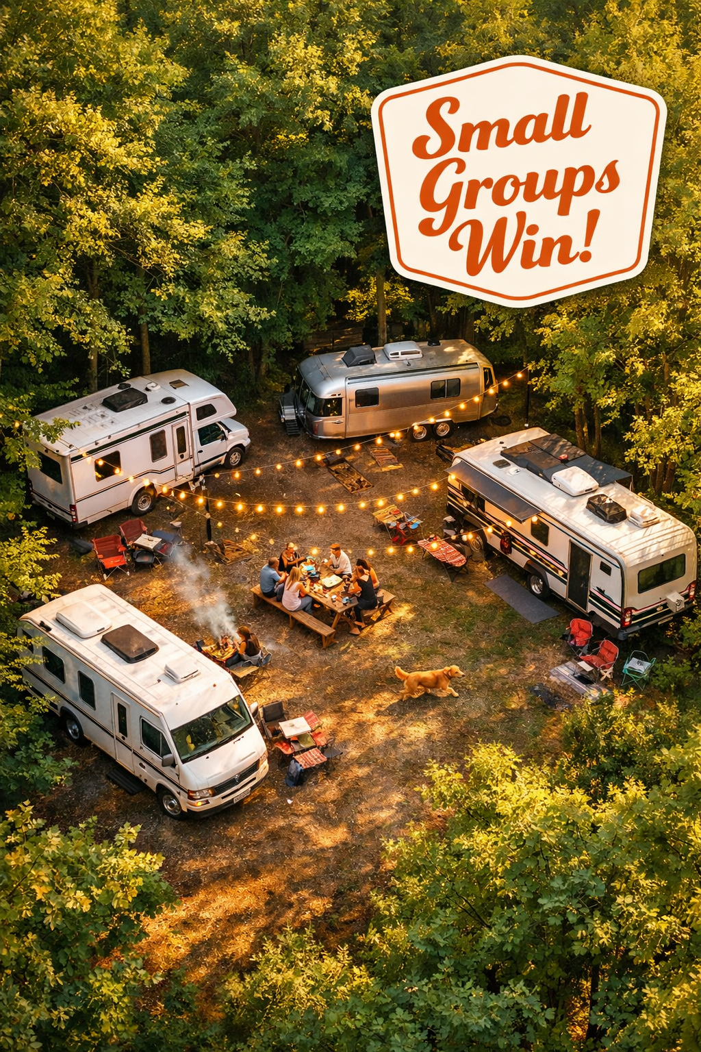 Portrait/Pinterest format () editorial lifestyle image showing a bird's-eye aerial view of a small group of 3-4 RVs parked