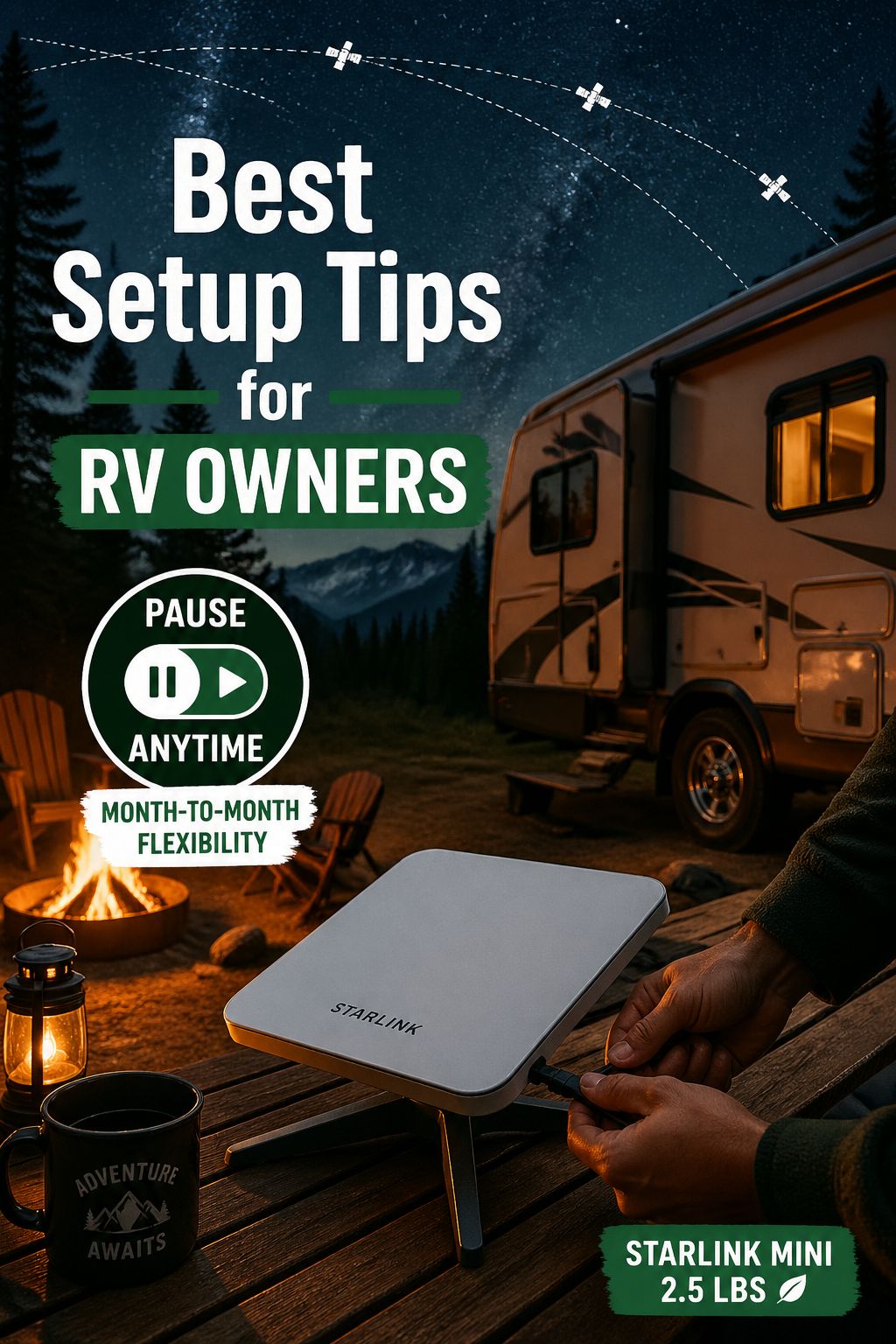 Portrait/Pinterest format () editorial photo-illustration of a compact Starlink Mini dish (2.5 lbs) being set up beside a