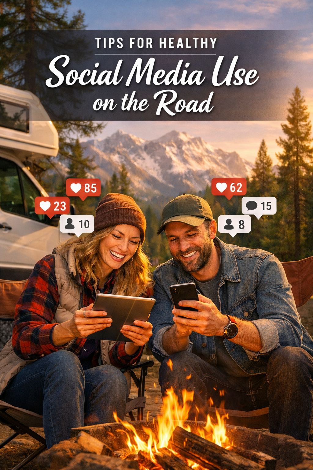Portrait/Pinterest format () editorial photo showing a happy RV couple sitting outside their camper van at a beautiful