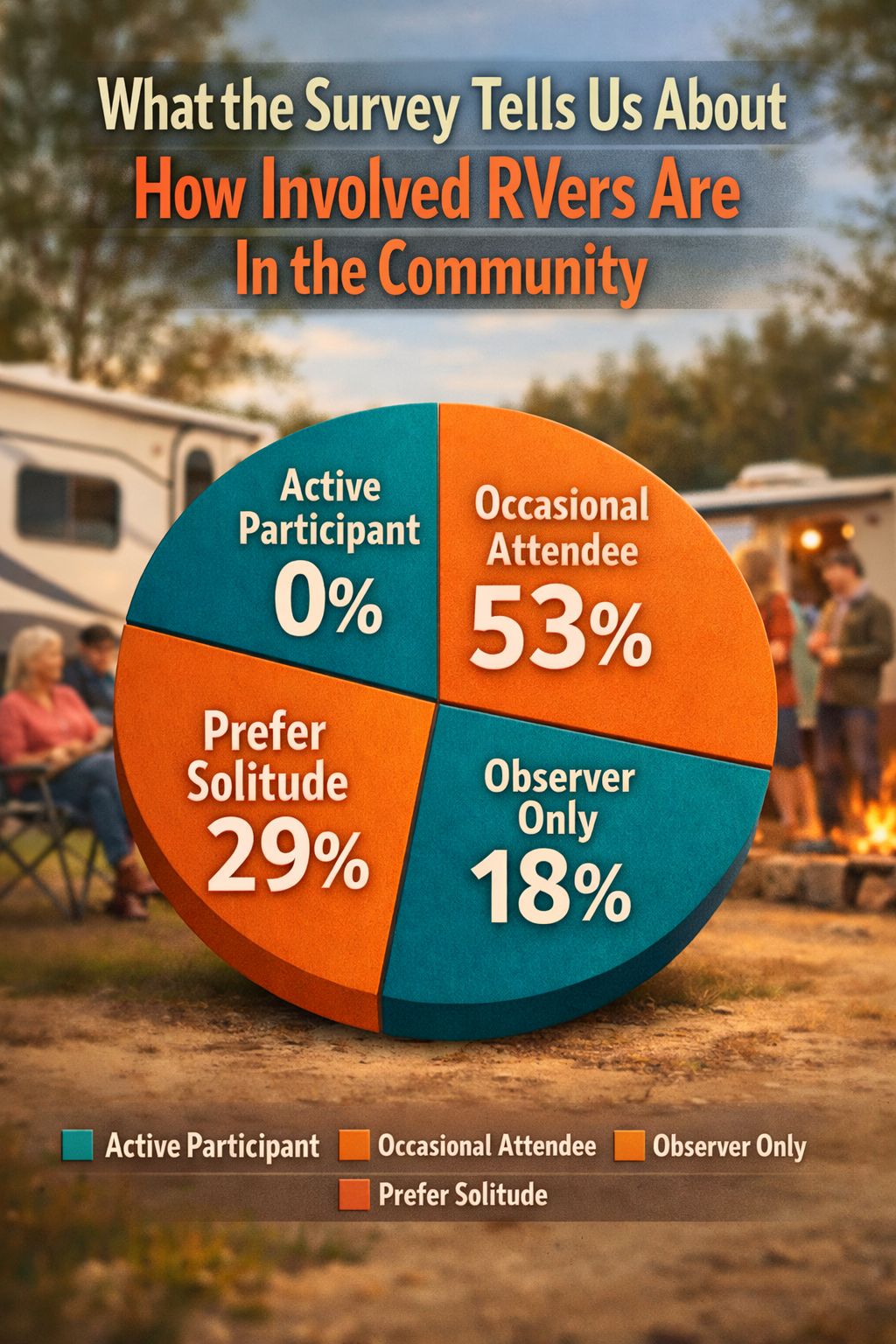 Portrait/Pinterest format () infographic-style editorial image showing a pie chart visualization of RV community involvement