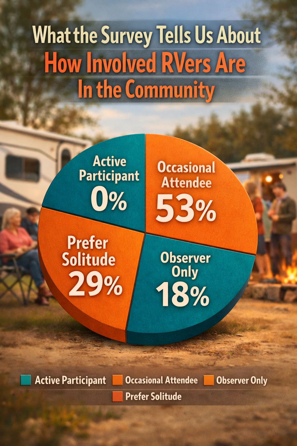 Portrait/Pinterest format () infographic-style editorial image showing a pie chart visualization of RV community involvement