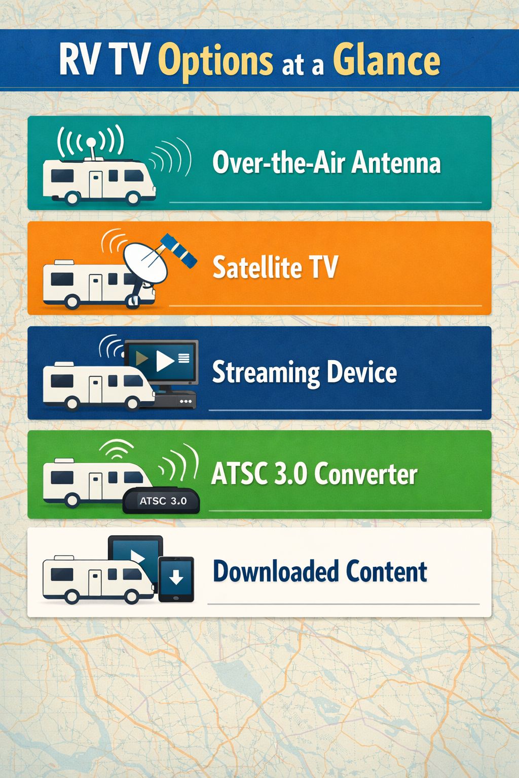 Portrait/Pinterest format () infographic-style illustration showing five RV TV viewing methods arranged as a vertical