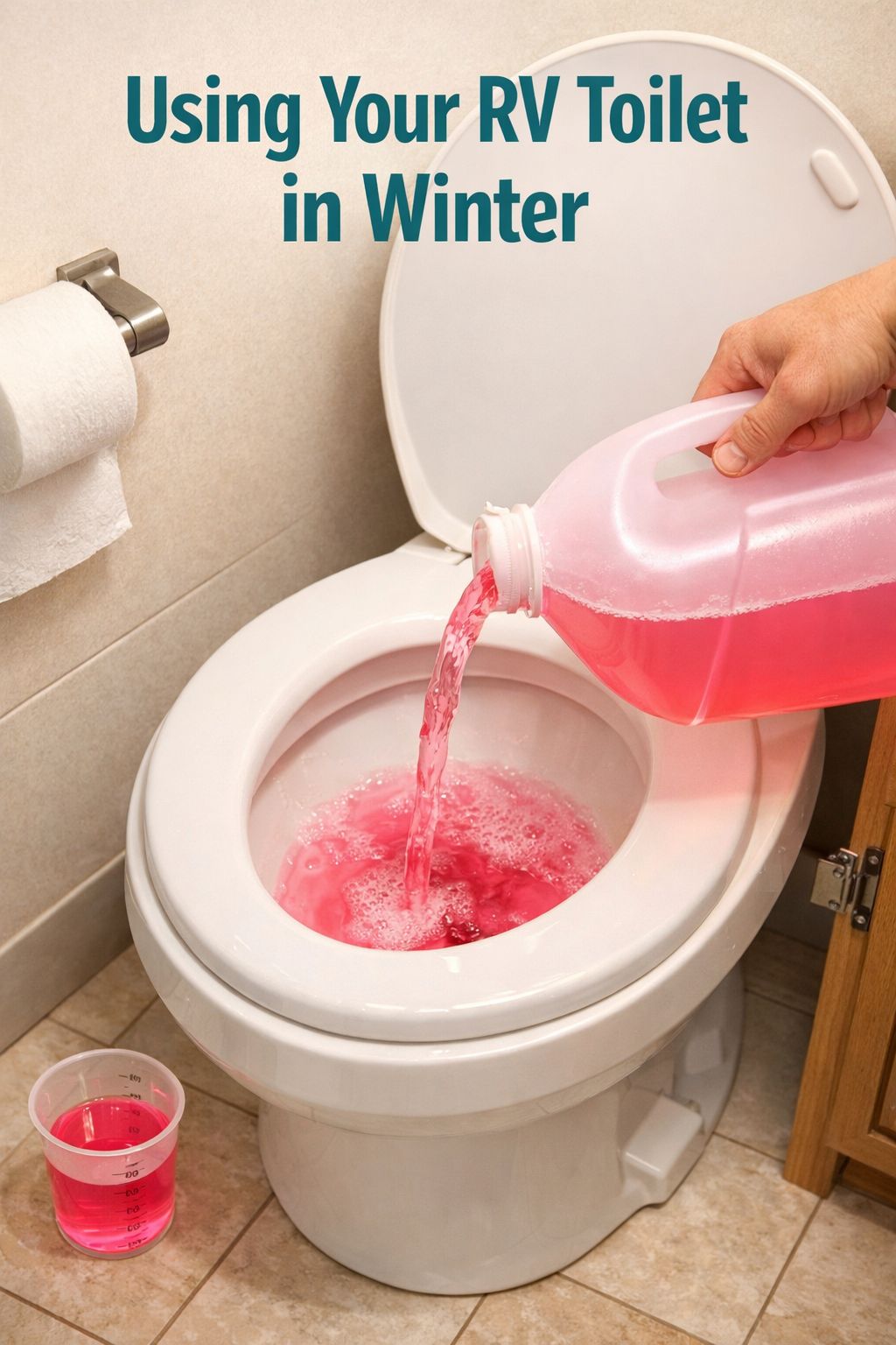 Portrait/Pinterest format () showing a close-up overhead angle of an RV bathroom interior with a white porcelain RV toilet,