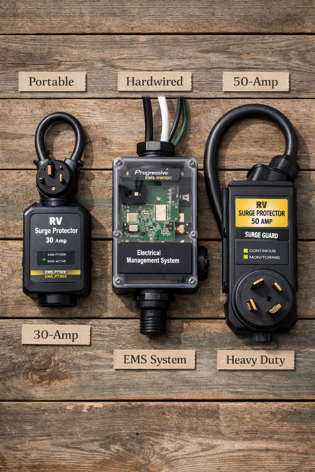 Portrait/Pinterest format () showing a flat-lay product comparison scene on a rustic wooden surface: three different RV