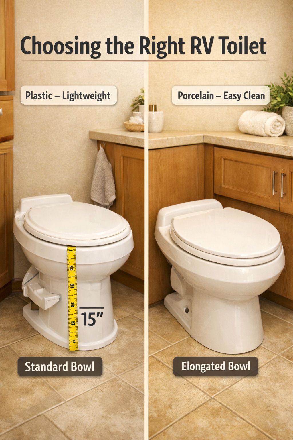 Portrait/Pinterest format () showing a split-scene comparison image: on the left, a lightweight white plastic RV toilet with