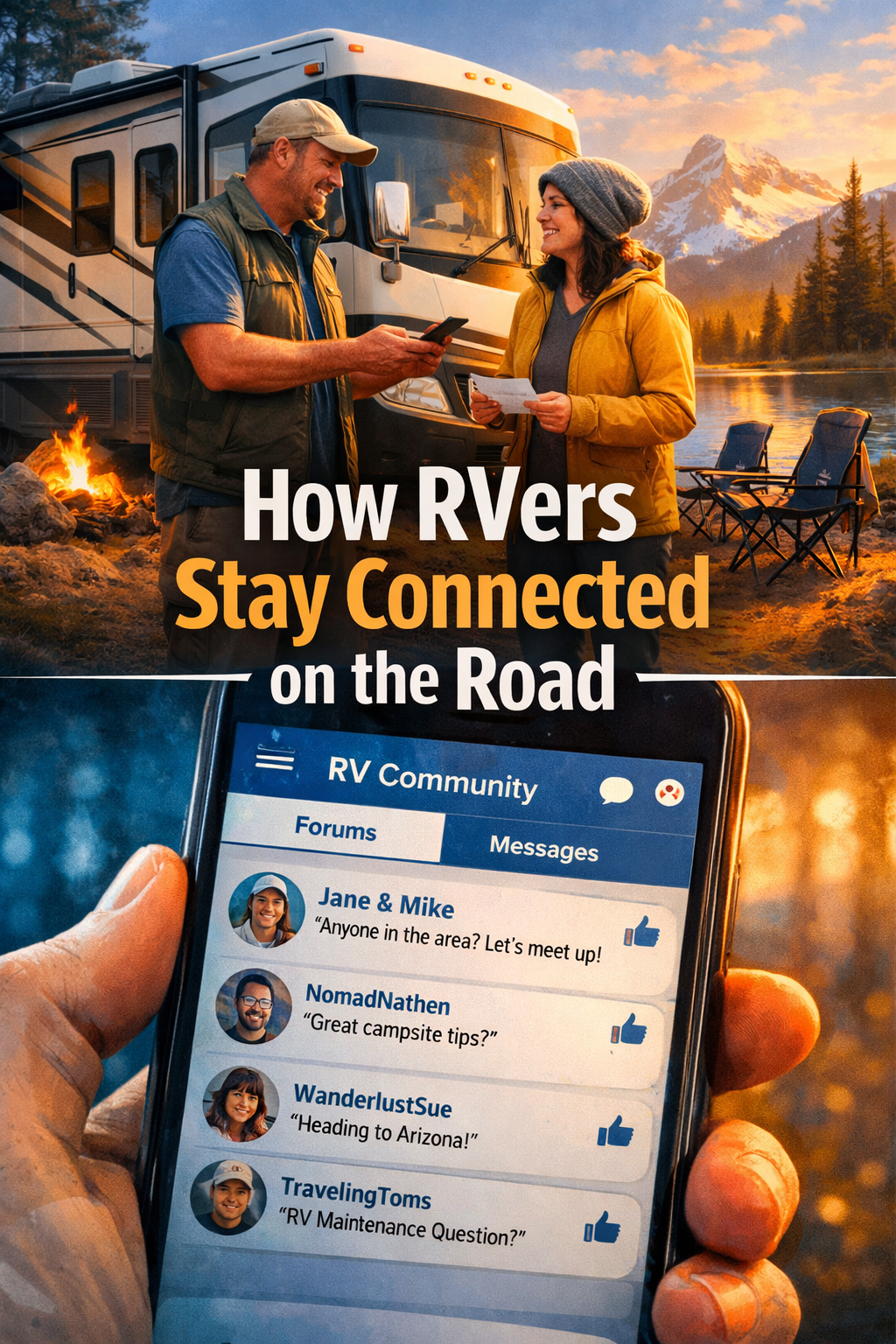 Portrait/Pinterest format () showing a split-scene composition: top half features two RVers exchanging contact info and