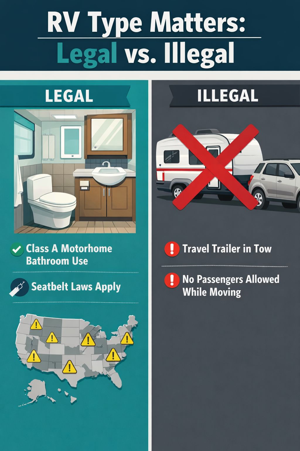 Portrait/Pinterest format () showing a split-scene infographic illustration: left side depicts a Class A motorhome interior