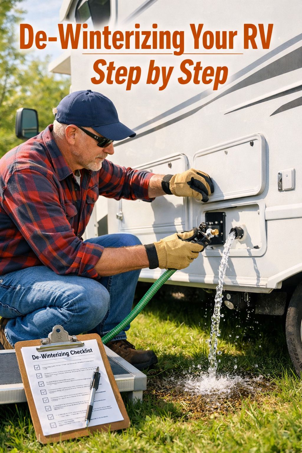 Portrait/Pinterest format () showing an RV owner in work gloves opening exterior compartment panels on a white motorhome,