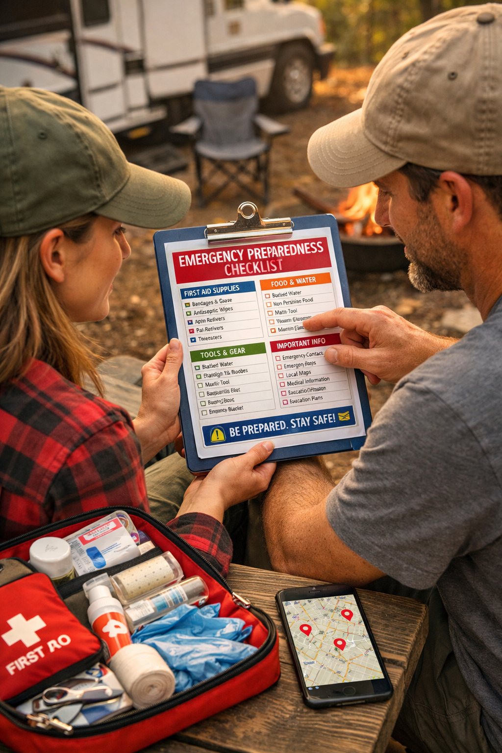 Portrait/Pinterest format () showing an RV traveler couple at a campsite reviewing a laminated emergency preparedness