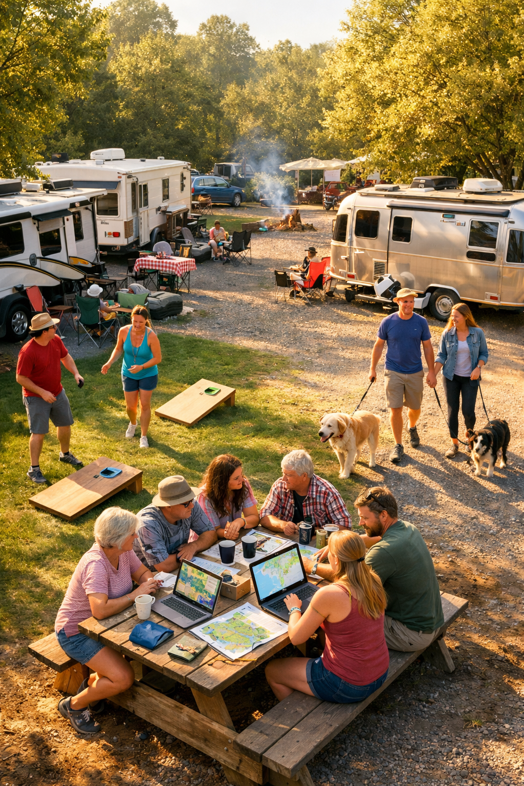 Portrait/Pinterest format () showing an aerial bird's-eye view of a busy campground with diverse RVers socializing — one