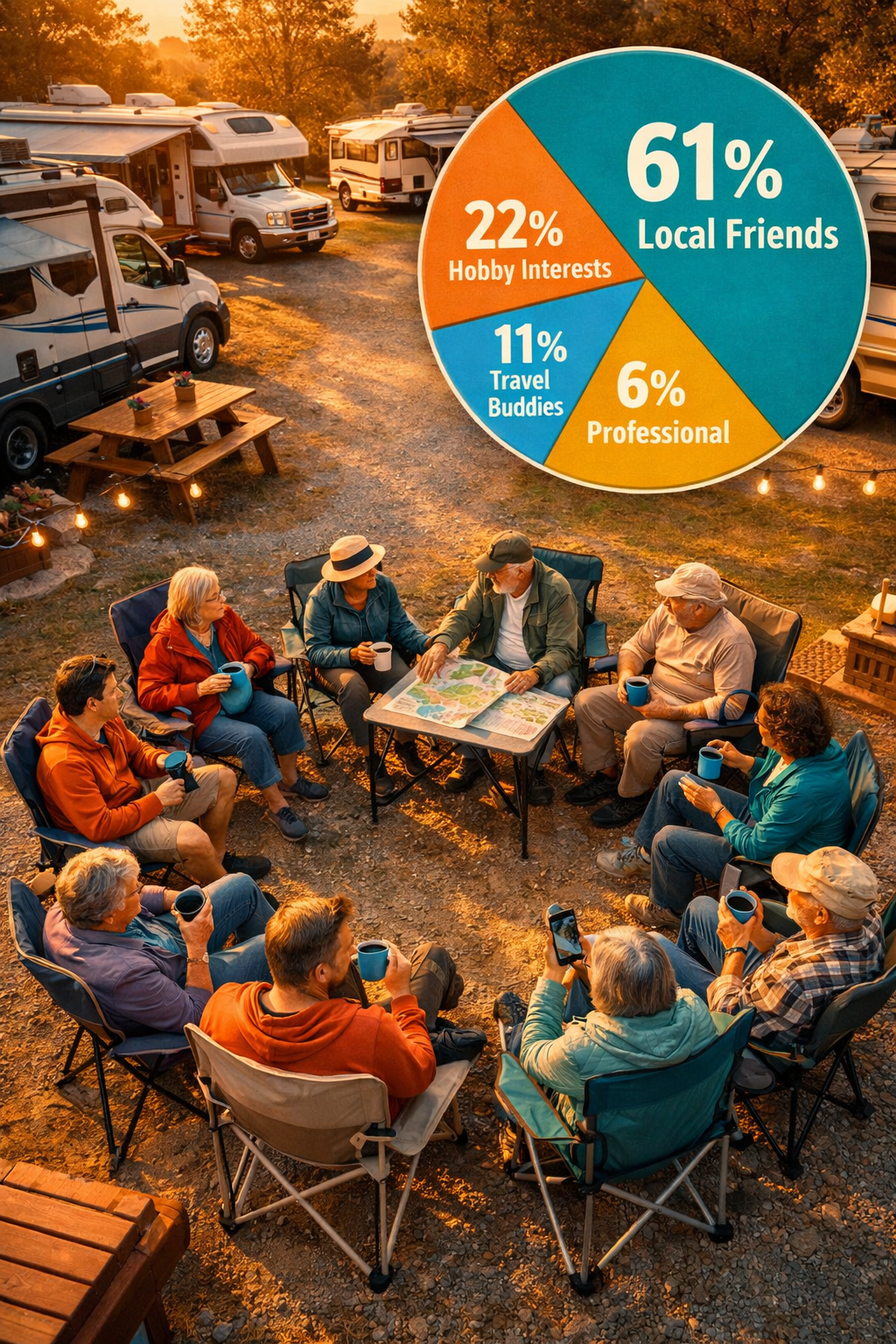 Portrait/Pinterest format () showing an overhead aerial view of a colorful campground social gathering: diverse RVers of