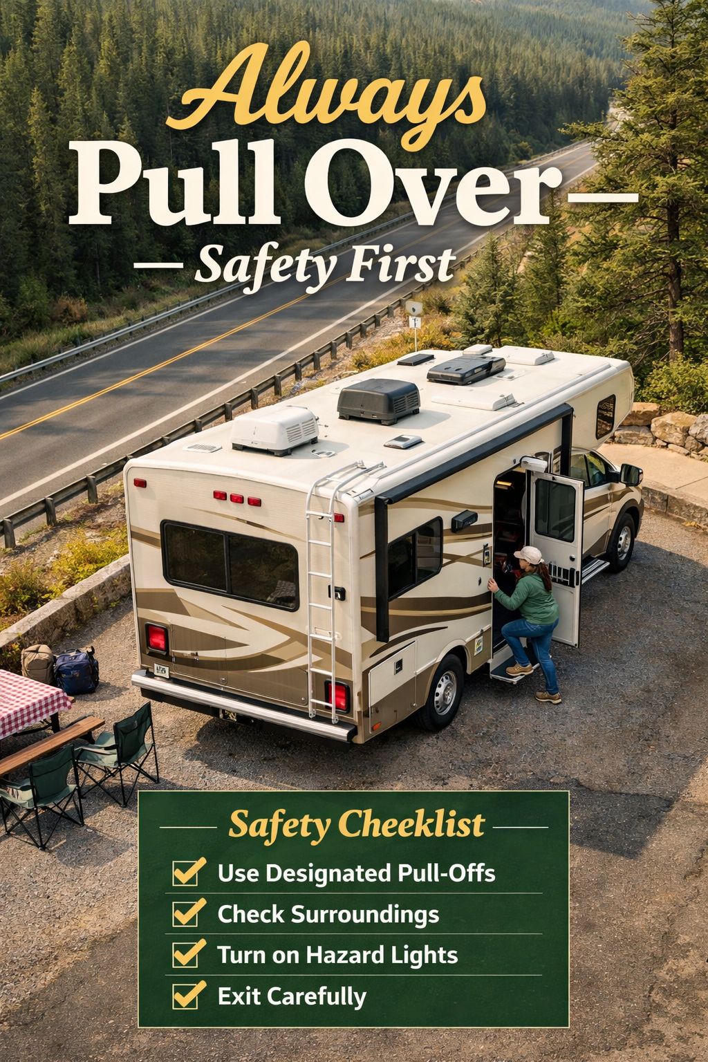Portrait/Pinterest format () showing an overhead bird's-eye view of a family RV parked at a scenic rest stop pullover area