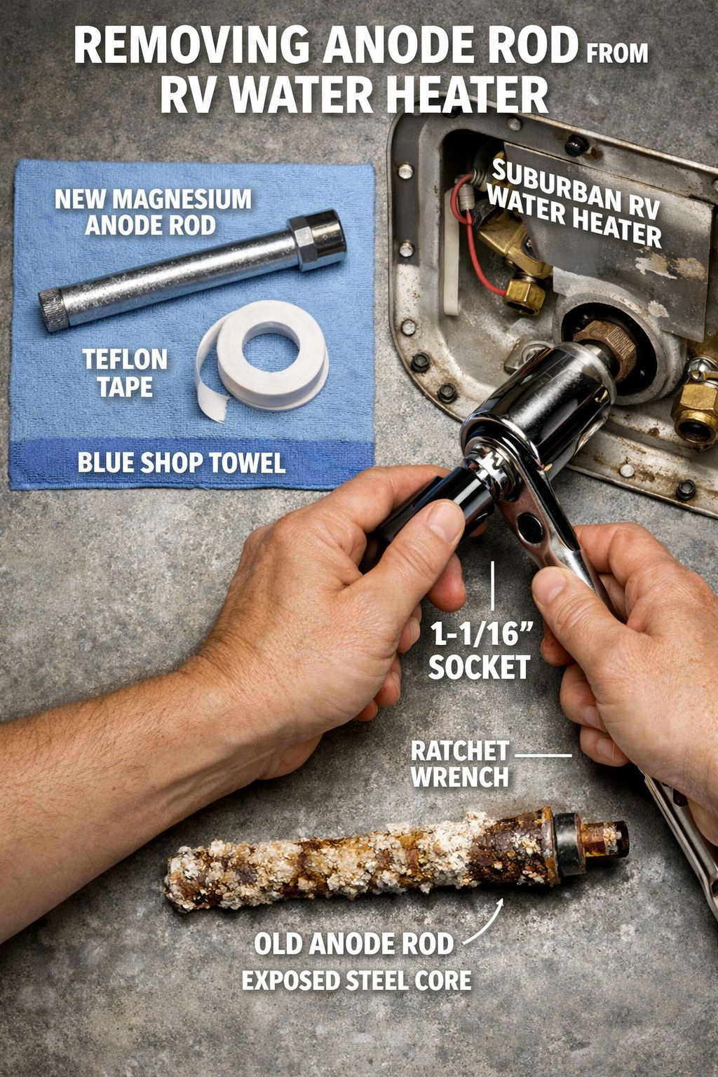 Portrait/Pinterest format () step-by-step visual guide showing a person's hands using a large 1-1/16 inch socket wrench to