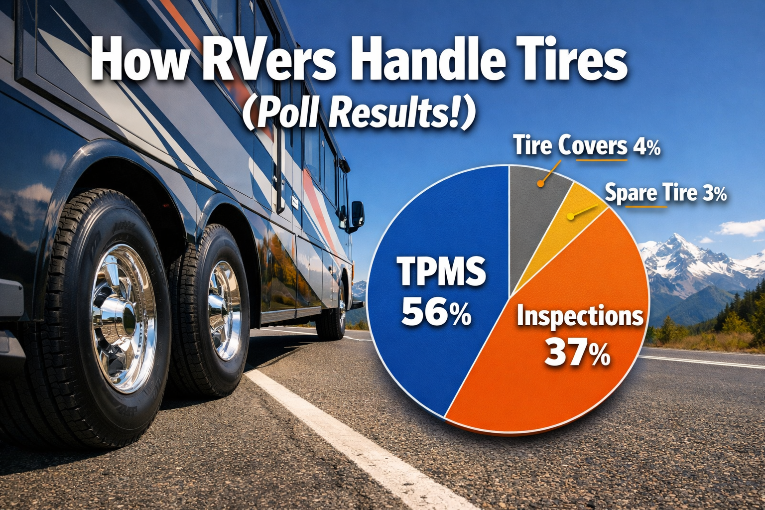 Professional () hero image with : 'How RVers Handle Tires (Poll Results!)' in extra large white with dark drop , centered