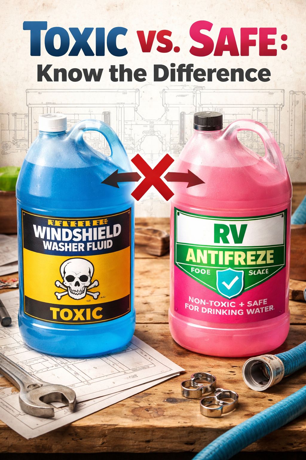 () editorial illustration showing a close-up flat-lay comparison of two product bottles side by side on a wooden workshop