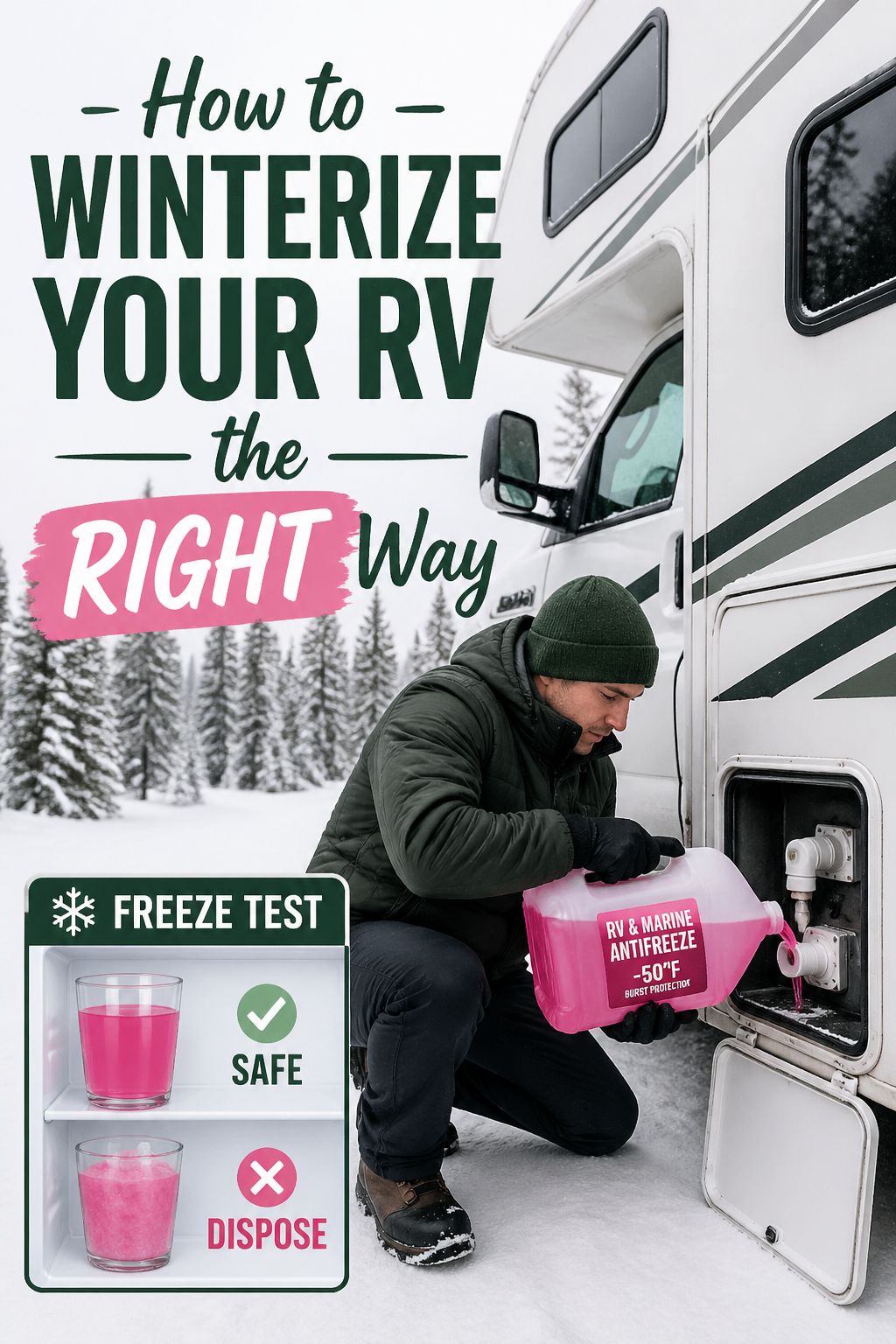 () editorial infographic-style image showing an RV winterization scene: a person in winter gear crouching beside a white