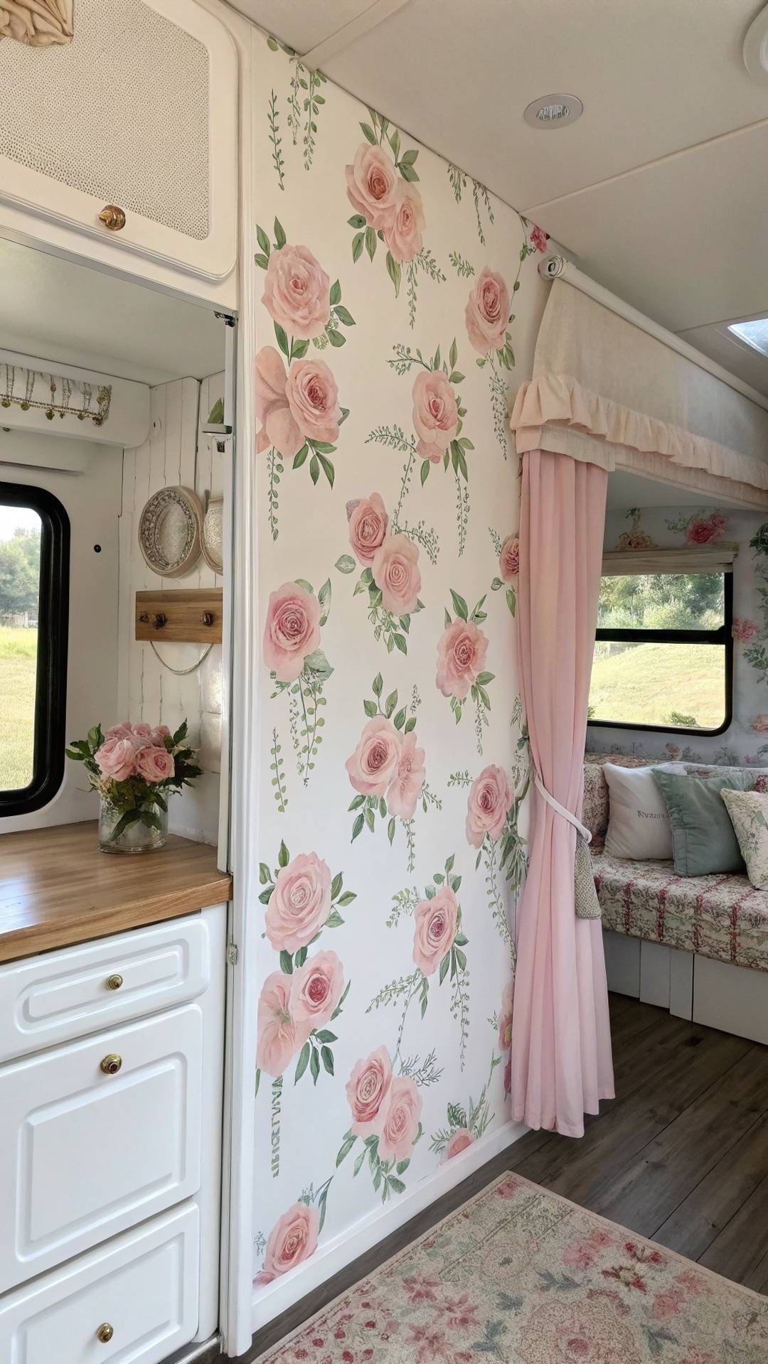Floral wallpaper accent wall in shabby chic camper