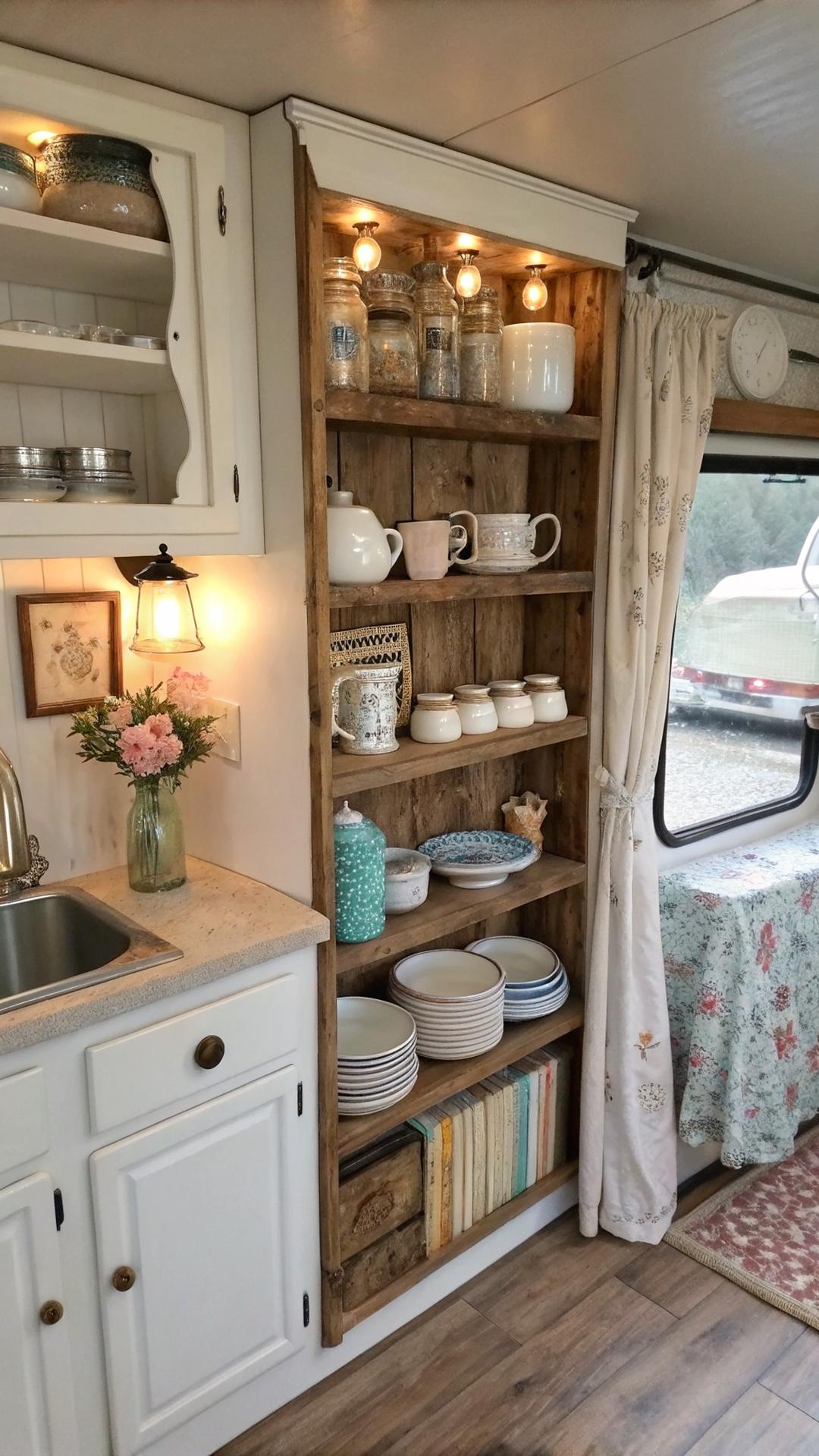 Open shelving with vintage dishes in shabby chic camper