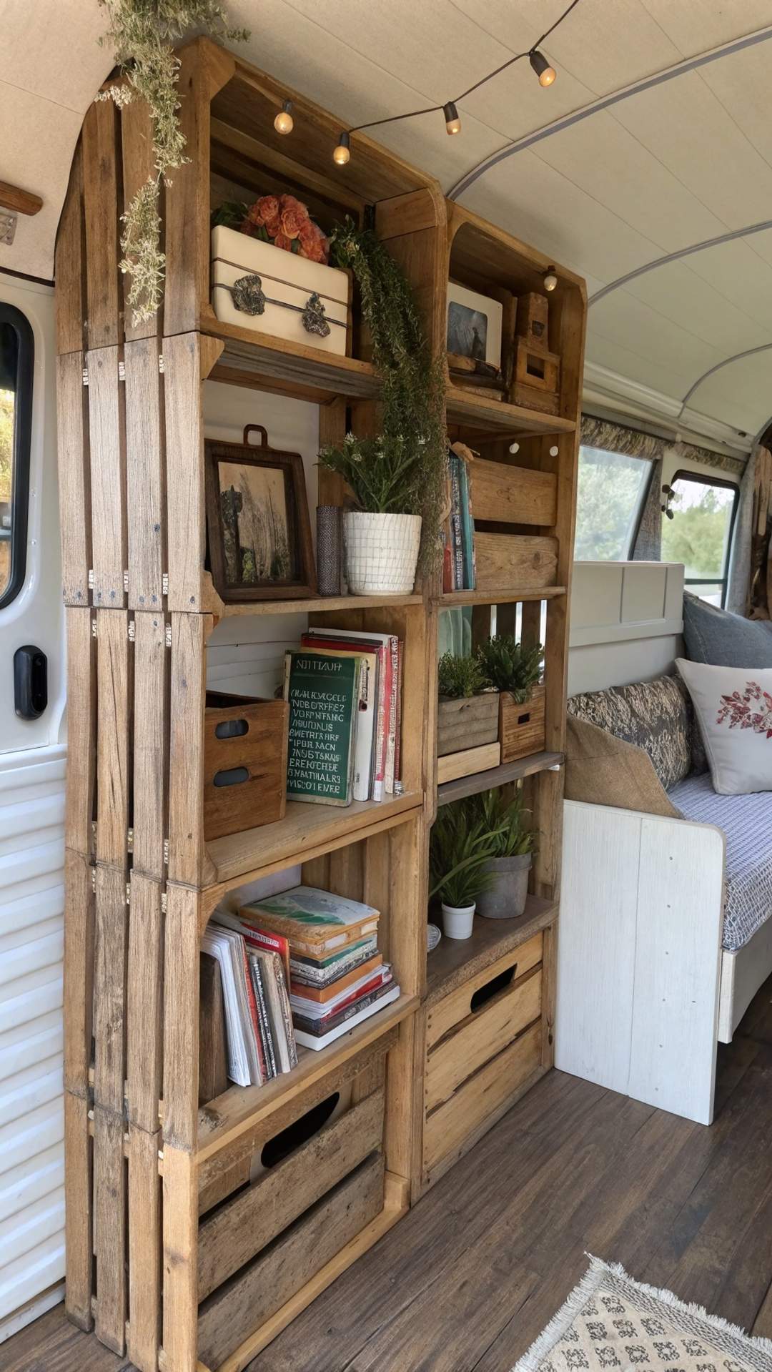 Repurposed wooden crates as storage in shabby chic camper