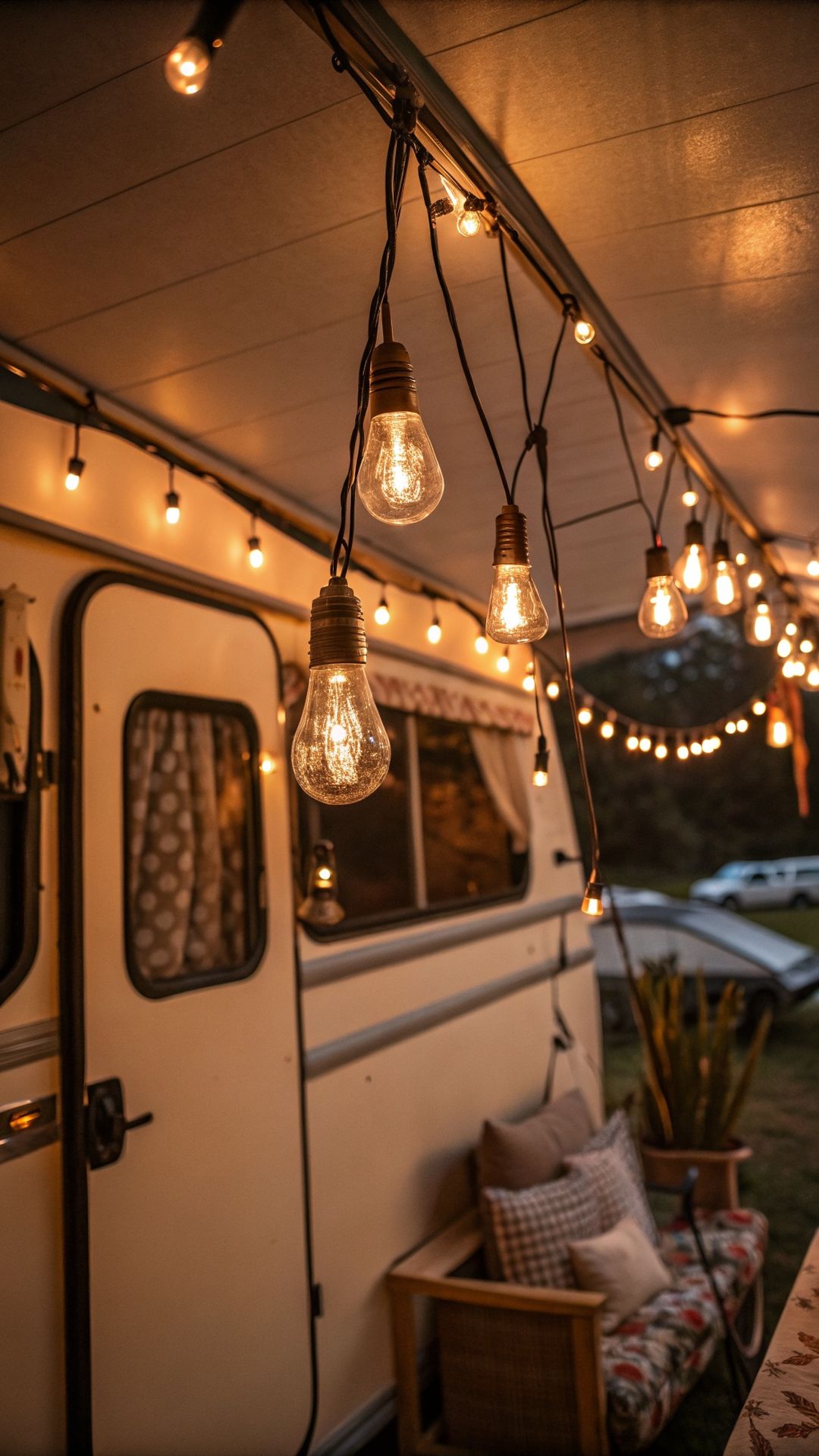 String lights in shabby chic camper