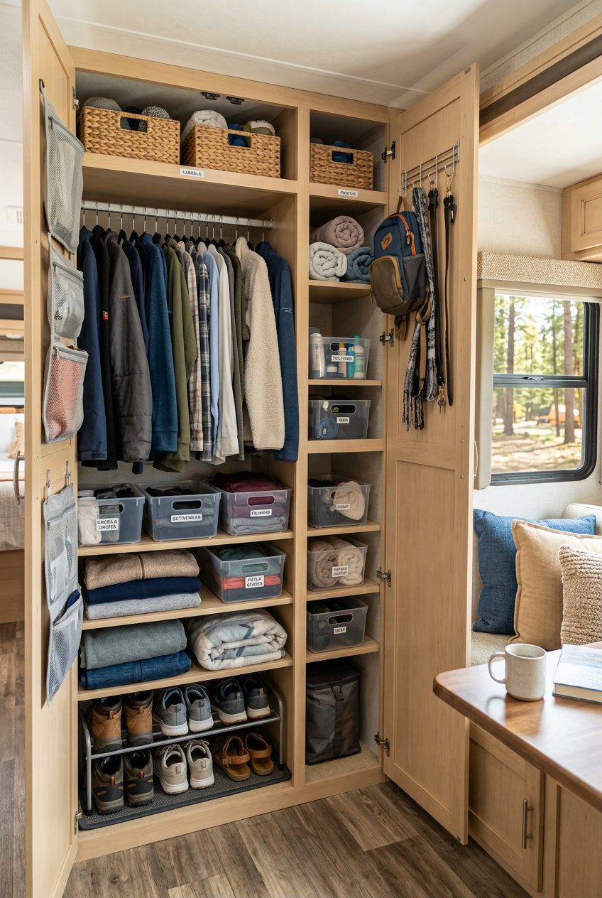 Inside an RV showing a neatly organized closet with folded clothes, hanging jackets, storage bins, and shelves.
