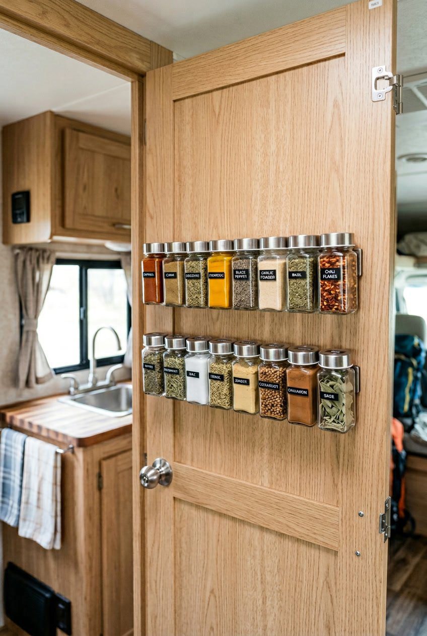 Magnetic spice jars mounted on the inside of an RV closet door, showing an organized storage solution inside a compact RV.