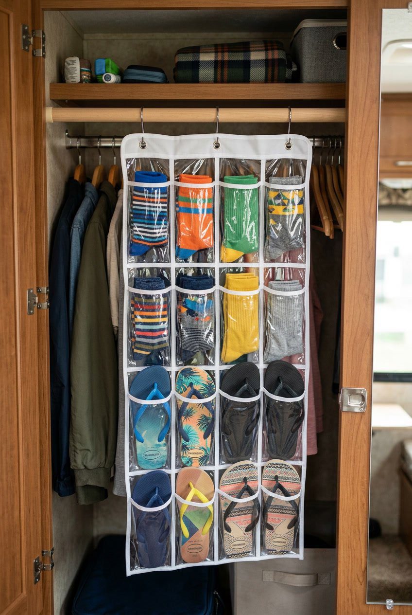 Clear hanging shoe organizer filled with socks and flip-flops inside a neatly organized RV closet.