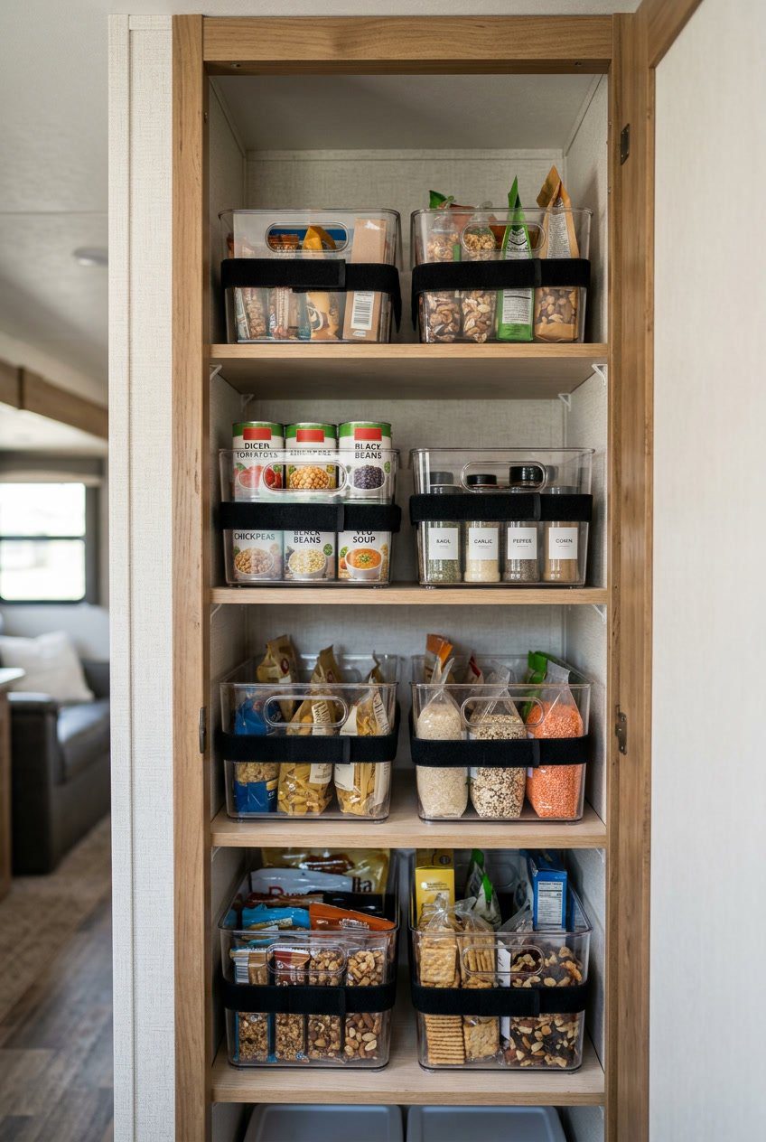 An organized RV closet with clear plastic bins secured by velcro straps, filled with pantry goods on shelves.