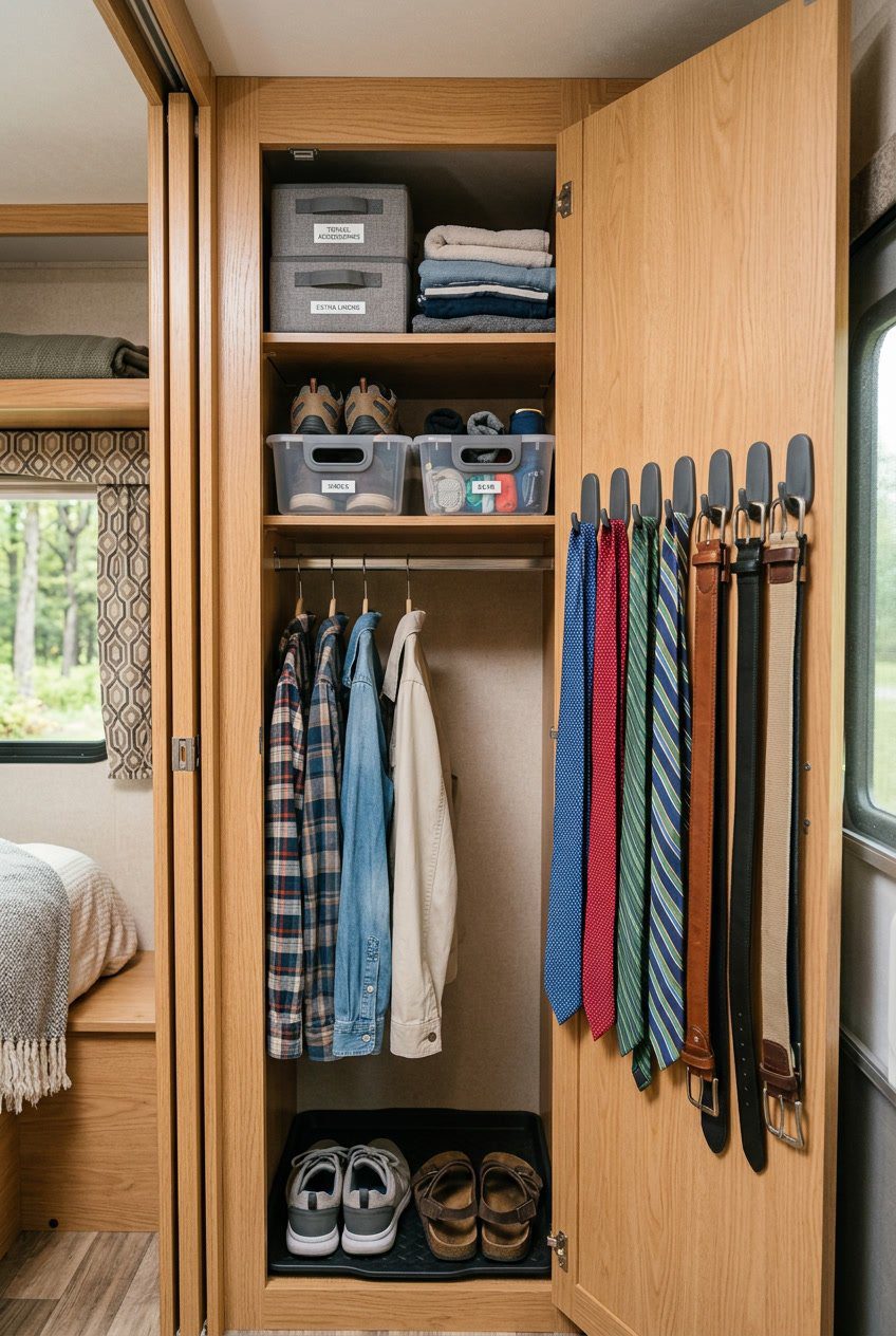 An organized RV closet with ties and belts hanging on hooks, shelves with folded clothes, and storage bins inside a small mobile living space.
