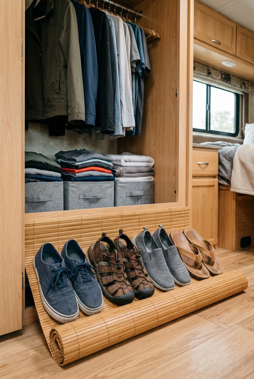 An organized RV closet with a roll-up bamboo shoe shelf holding multiple pairs of shoes.