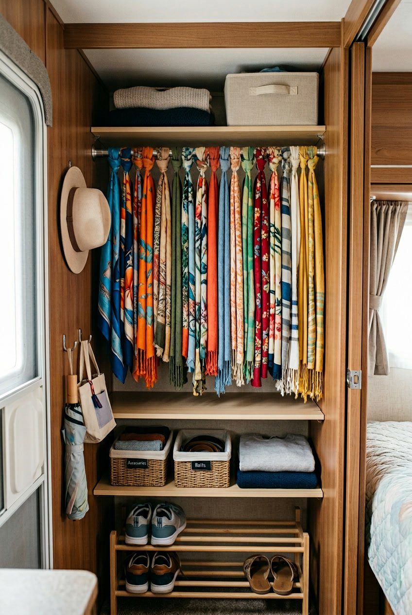 An organized RV closet with an adjustable tension rod divider holding multiple scarves neatly separated and hanging.