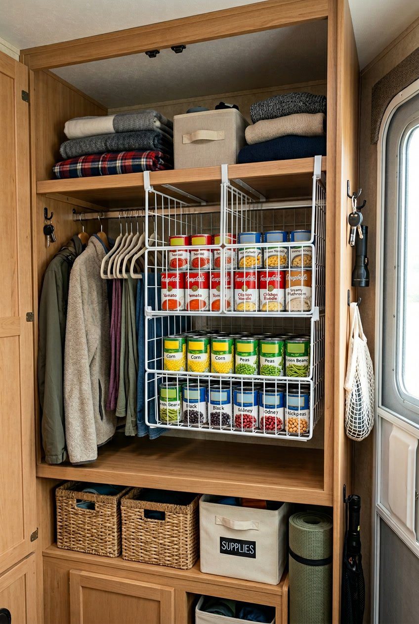 Organized RV closet with under-shelf wire baskets filled with canned goods and other storage items.